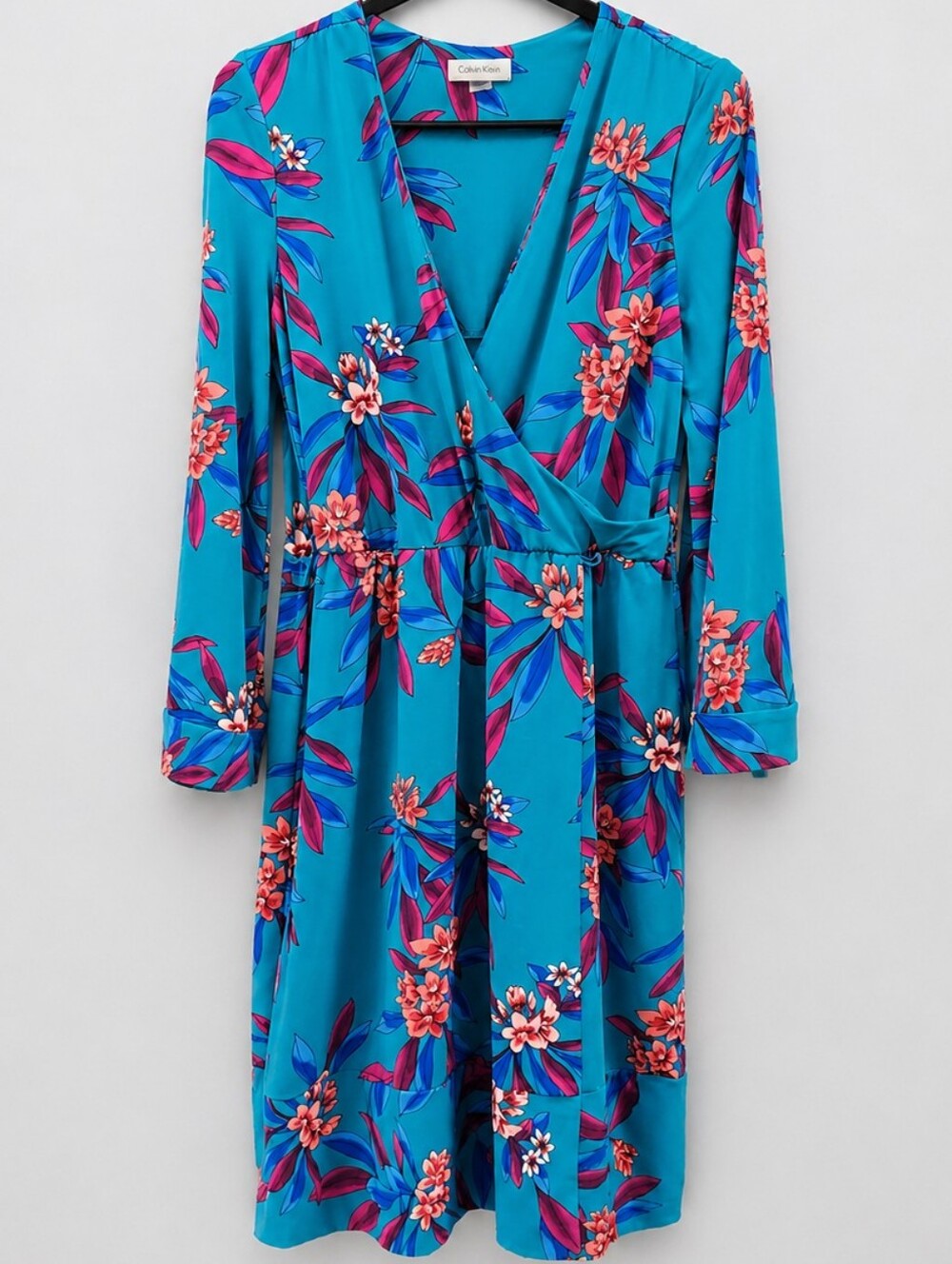 Calvin Klein Teal Floral Wrap Dress Kimono Bell Sleeve Teal Blue Size 8
